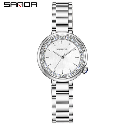 Sanda Women’s Stainless Steel Quartz Watch – Diamond Accent Small Dial Casual Watch