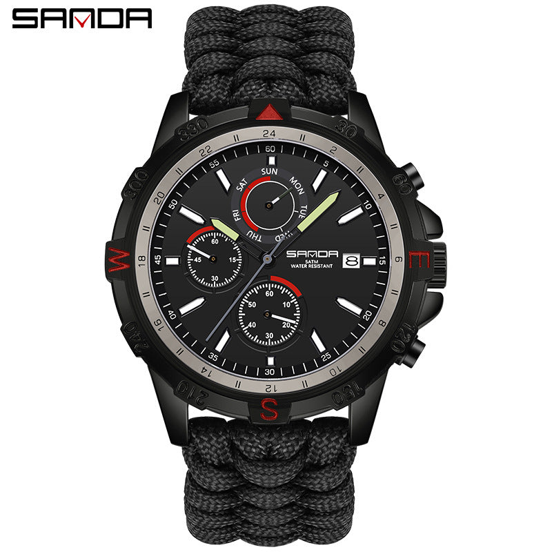 Sanda Men’s Outdoor Sports Quartz Watch – Detachable Braided Strap, Waterproof Watch
