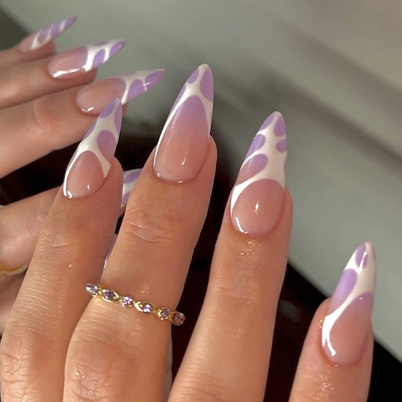 Long Lavender French Tip Press-On Nails – Glossy Abstract Teardrop Nail Set