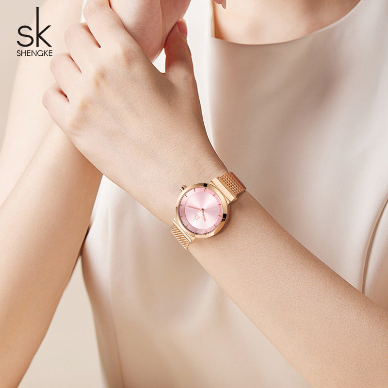 SK Women’s Fashion Quartz Watch – Stainless Steel Mesh Strap, 30M Waterproof Round Dial