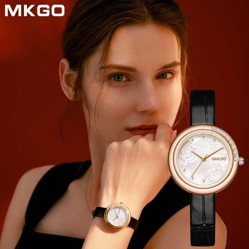 MKGO Luxury Women’s Pearl Dial Watch – High-End 3D Carved Quartz Fashion Timepiece