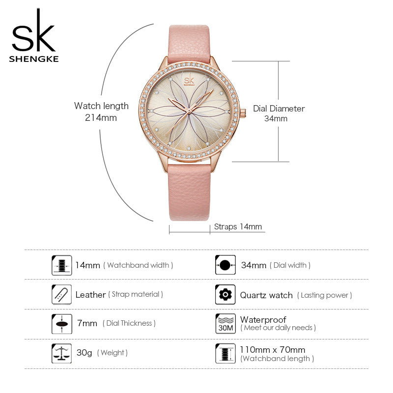 SK Fashion Women’s Quartz Watch – 30M Waterproof PU Strap, Sun Pattern Dial