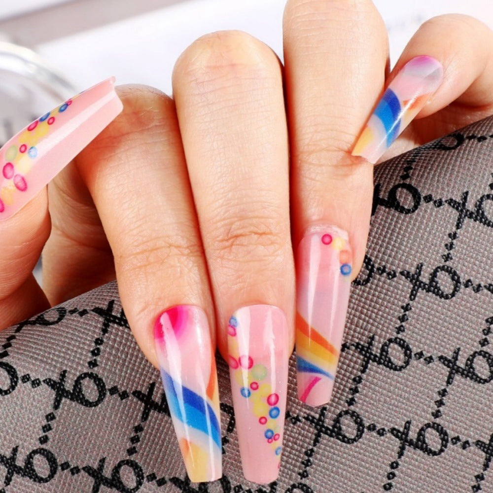 Colorful Abstract Coffin Press-On Nails – Long Glossy Swirl & Dot Design