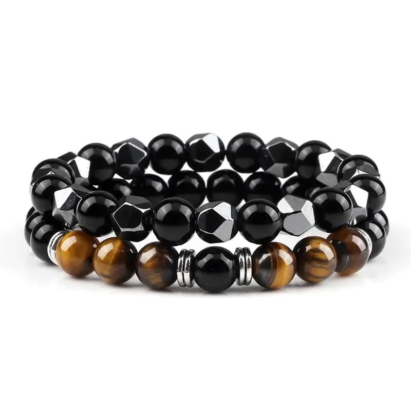Natural Tiger Eye & Black Agate Beaded Bracelet Set