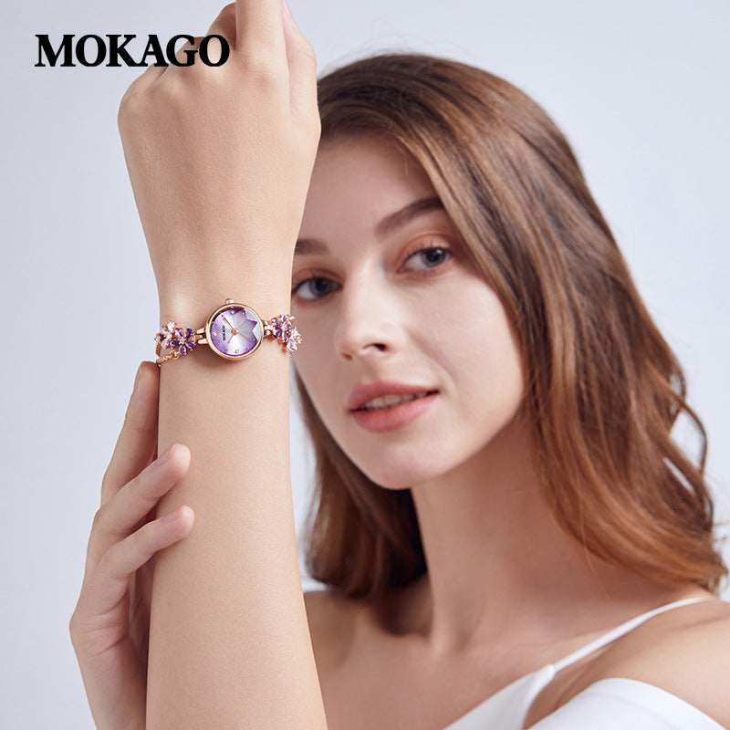 Mokago Violet Flower Women’s Watch – Luxury Crystal Bracelet Quartz Watch