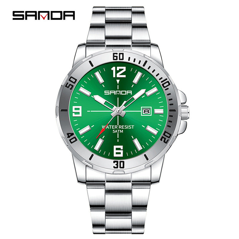 SANDA Men’s Large Dial Quartz Watch – Luminous Stainless Steel Wristwatch with Calendar