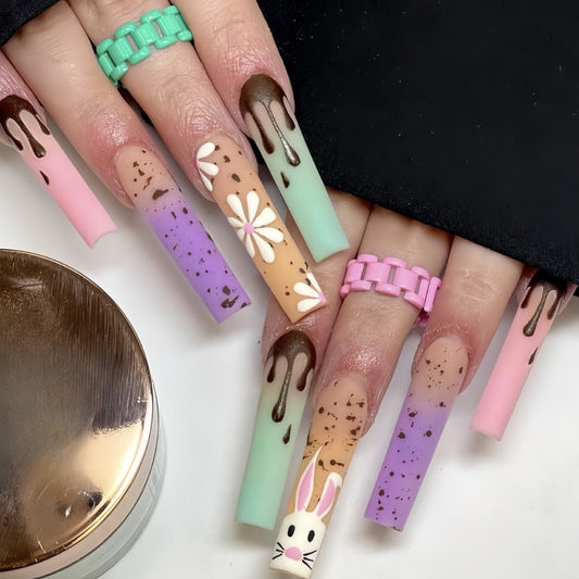 Frosted Coffin Press-On Nails – Cute Bunny & Floral Ombre Acrylic Tips (24pcs)