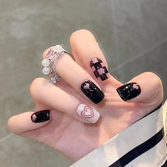 INS Style Nail Art – Pink Love with Black & Purple Chessboard