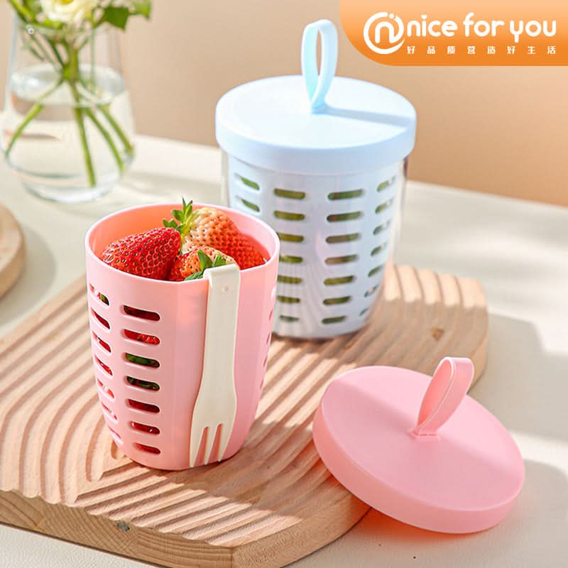 Portable Double-Layer Snack Container with Fork & Handle for Travel & Picnics