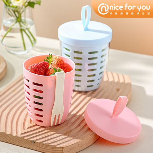 Portable Double-Layer Snack Container with Fork & Handle for Travel & Picnics
