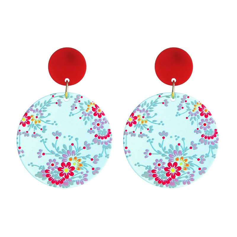 Retro Round Acrylic Plate Flower Earrings – Embossed Print