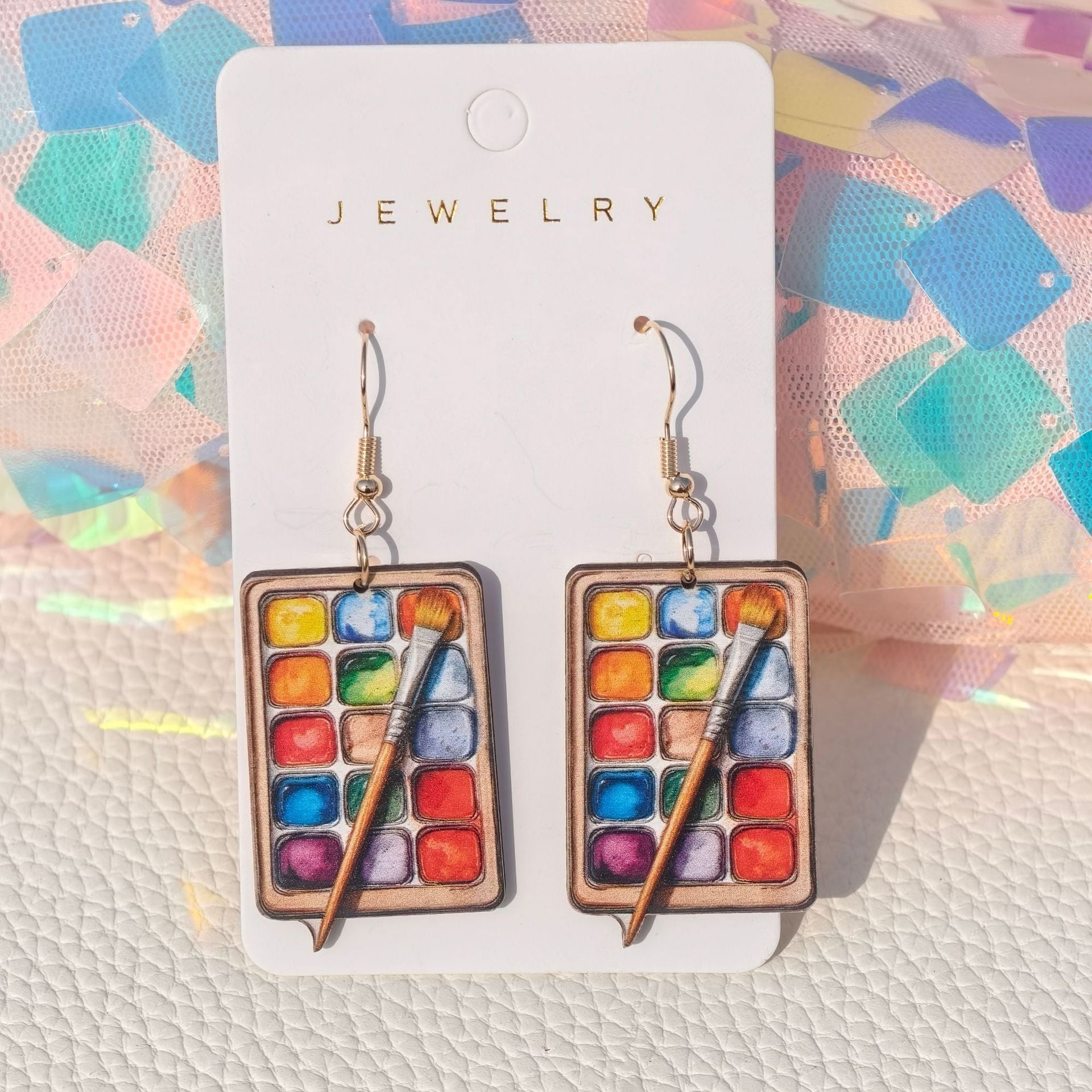 3D Wooden Palette Earrings for Couples – Colorful Geometric Statement Jewelry