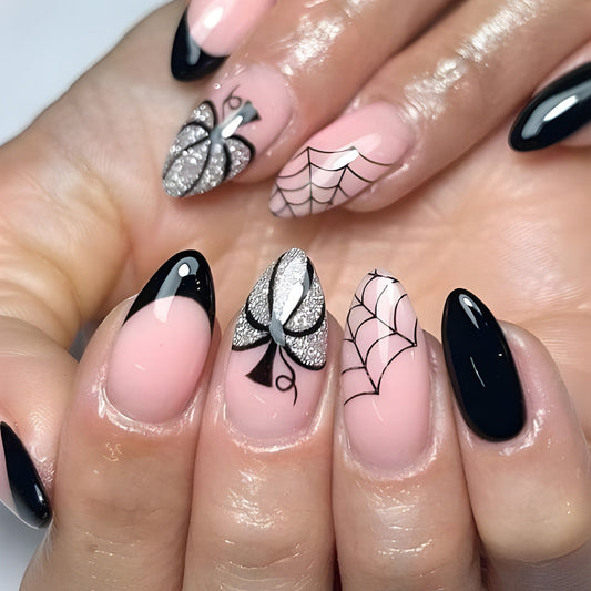 Halloween Spider Web Press-On Nails – Almond Black & Pink Acrylic Tips with Glitter