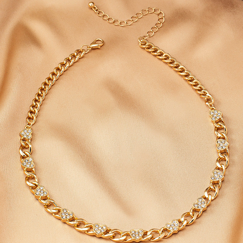 Gold Diamond Heart Necklace and Bracelet Set – Retro Hip-Hop Jewelry for Women