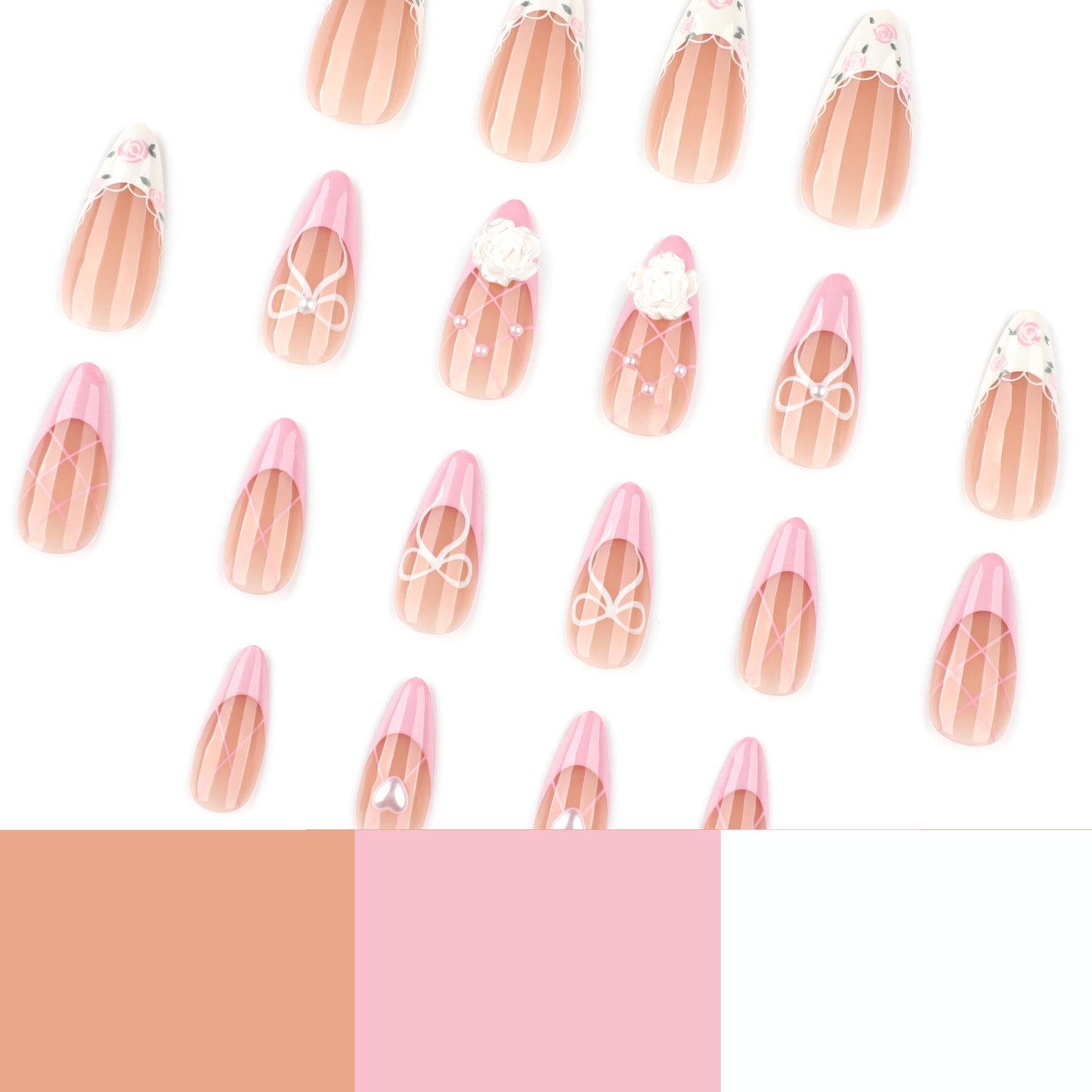 Sweet Lace Floral Press-On Nails – 3D Camellia Design, Glossy Almond Shape