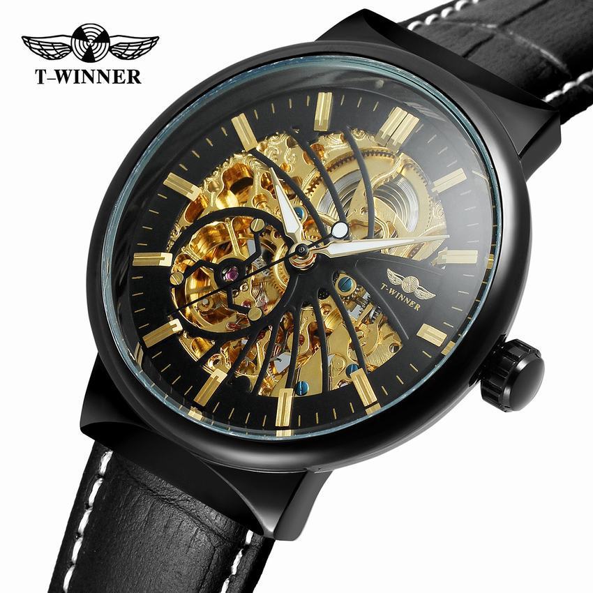 T-WINNER Automatic Mechanical Watch for Men – Waterproof Skeleton Dial Leather Strap