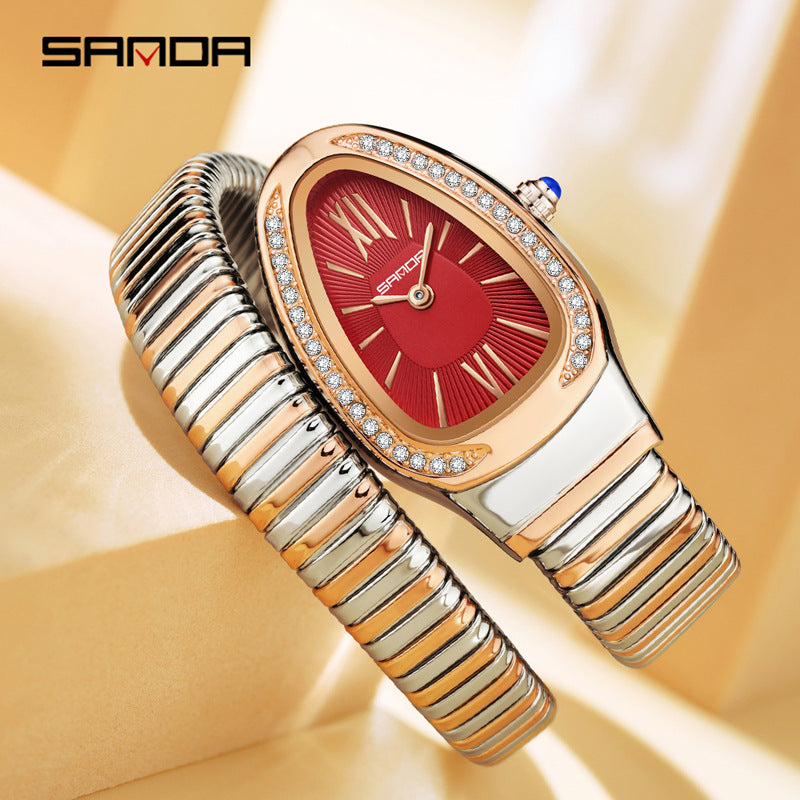 Sanda Women’s Quartz Watch – Snake-Shaped Teardrop Dial with Diamond Accents Timepiece