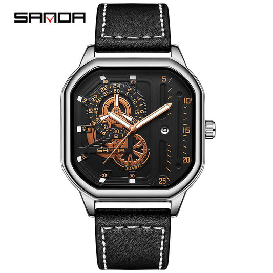Sanda Men’s Leather Quartz Watch – Square Dial, Luminous Hands Casual Timepiece