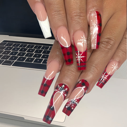 Festive Christmas Coffin Press-On Nails – 3D Plaid & Snowflake Acrylic Glue-On Nails