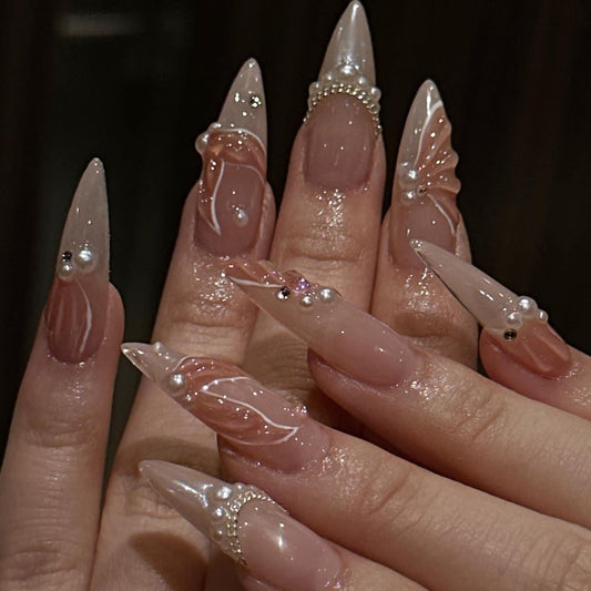 Pearl Flame Press-On Nails – Nude Coral Almond Shape, Glossy 3D Design