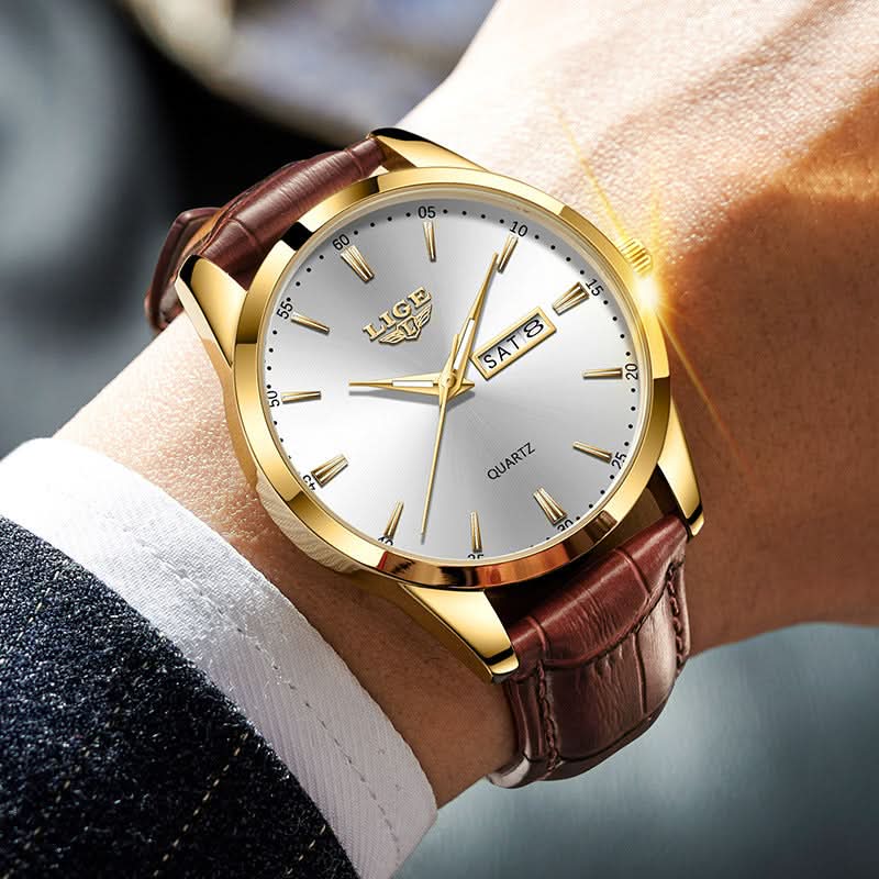 Men’s Business Quartz Watch with Dual Calendar & Luminous Hands – Leather Strap