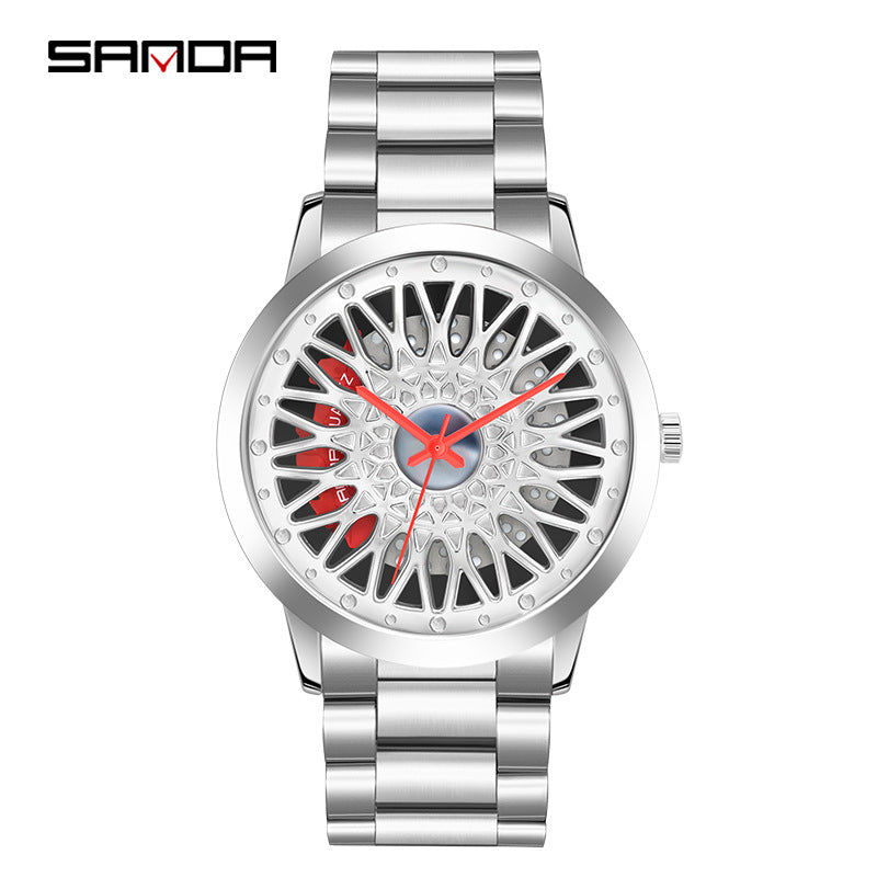 Sanda Men’s Quartz Watch – Hollow Wheel Dial, Stainless Steel Band Casual Timepiece