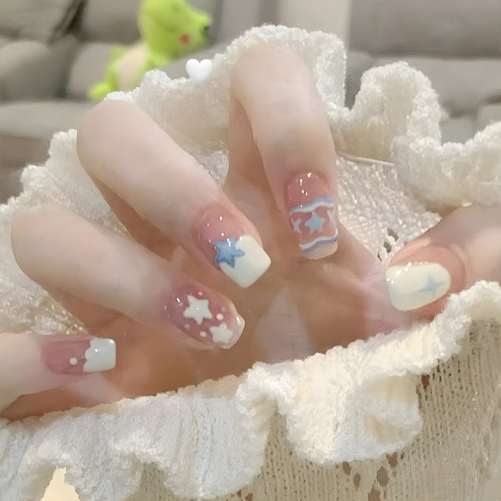 Starry Sky Press-On Nails – Pastel Cloud & Star Square Acrylic Nail Tips