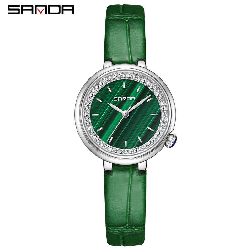 Sanda Women’s Leather Quartz Watch – Diamond Accent Small Dial, Waterproof Analog Watch