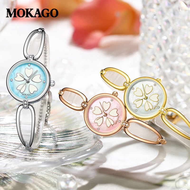 MOKAGO Women’s Quartz Watch – Sakura Petal Dial, Diamond Accent, Waterproof Bracelet