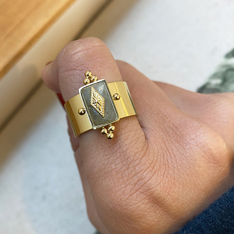 Gold Geometric Stone Ring for Women – Adjustable Retro Titanium Steel Jewelry
