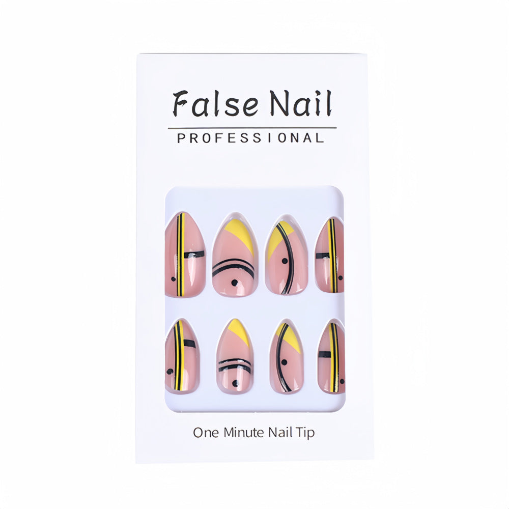 Modern French Tip Almond Press-On Nails – Yellow Nude Geometric Acrylic Set