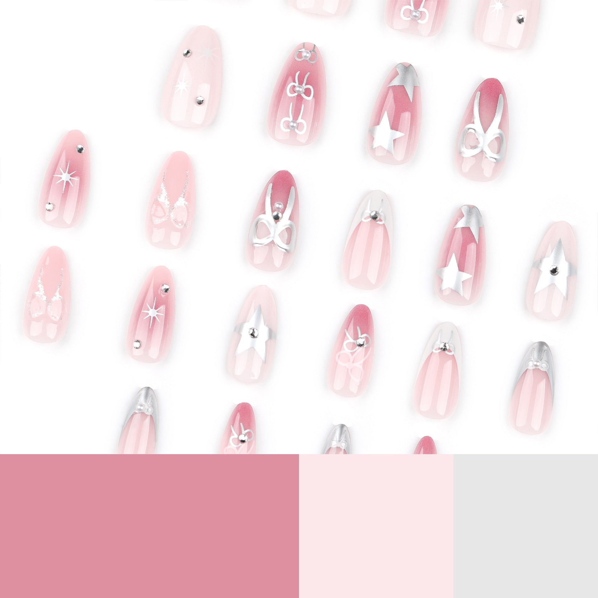 3D Pink Almond Press-On Nails with Stars & Bows – Glossy Metallic Acrylic Tips
