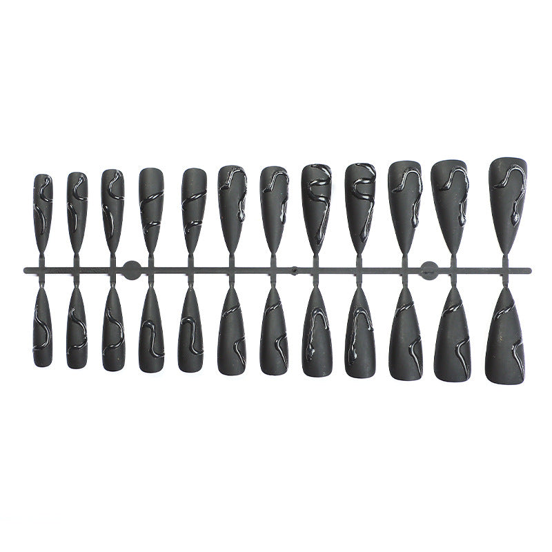 Edgy Black Stiletto Press-On Nails – Long Matte Acrylic with Glossy Snake Design Nails