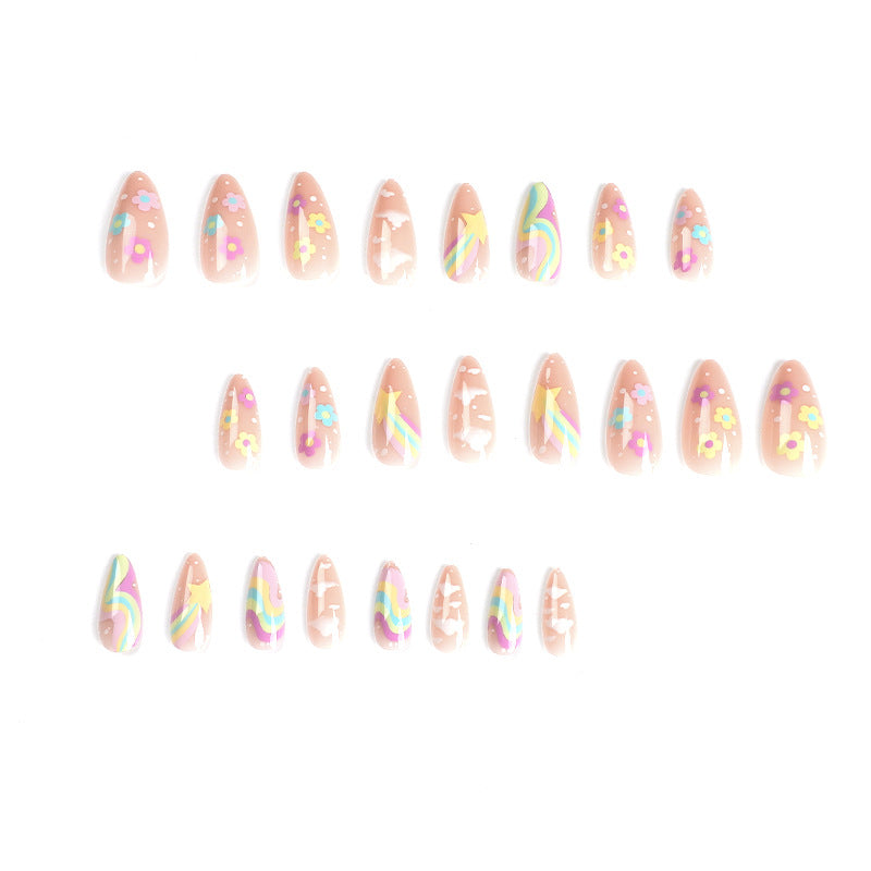 Whimsical Rainbow Press-On Nails – Pastel Almond Glue-On Set
