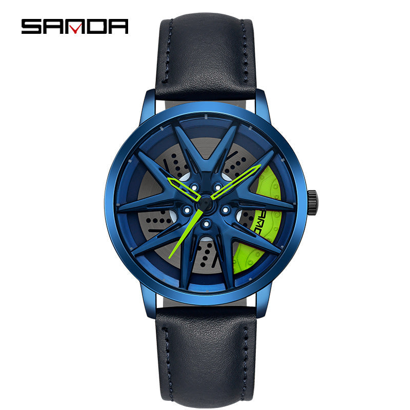Sanda Men’s Quartz Watch – Wheel Series Dial, Leather Strap, Waterproof Timepiece