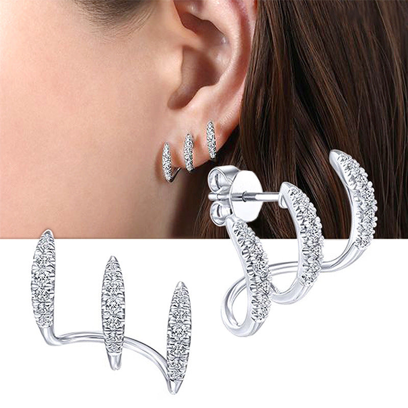 Diamond Inlaid Hoop Earrings for Women – Three-Layer Design