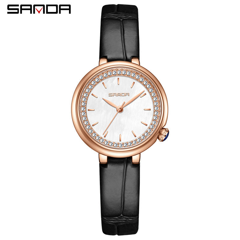 Sanda Women’s Leather Quartz Watch – Diamond Accent Small Dial, Waterproof Analog Watch