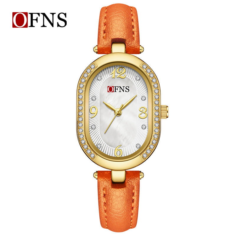 OFNS Diamond Oval Quartz Watch – Waterproof Watch for Women with Leather Strap