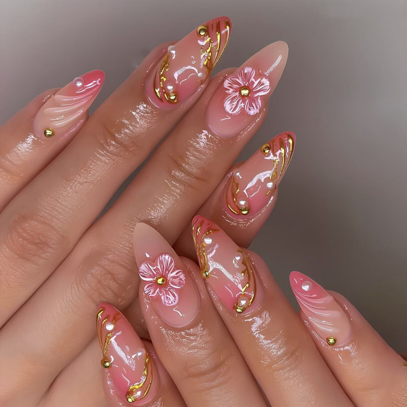 Long Almond Press-On Nails with 3D Floral Design & Swirl Art – Elegant Acrylic Tips