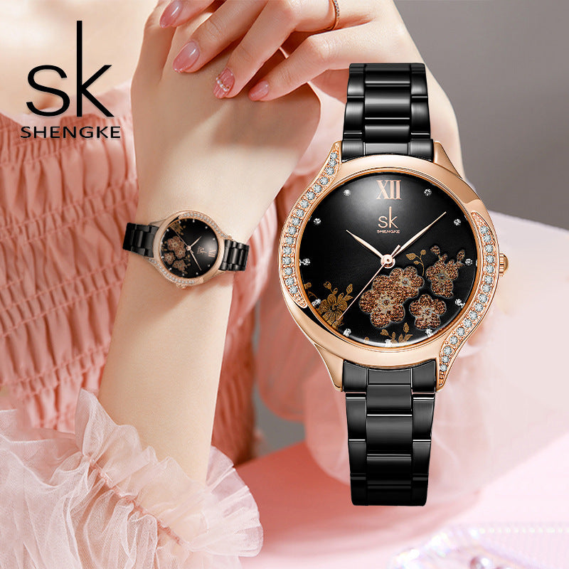 SK Women’s Diamond Quartz Watch – Cherry Blossom Dial, Waterproof Fashion Timepiece