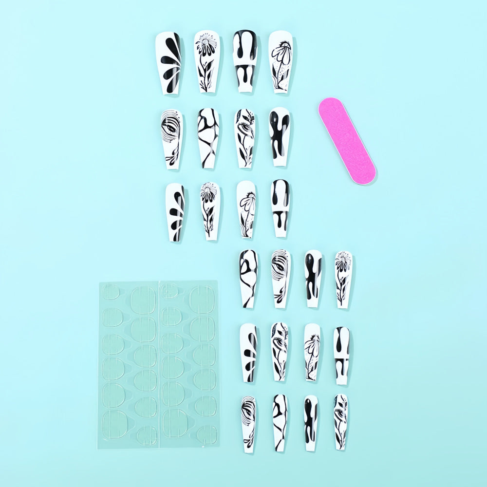 Abstract Face Sketch Press-On Nails – Extra Long Black & White Coffin Glue-On Set