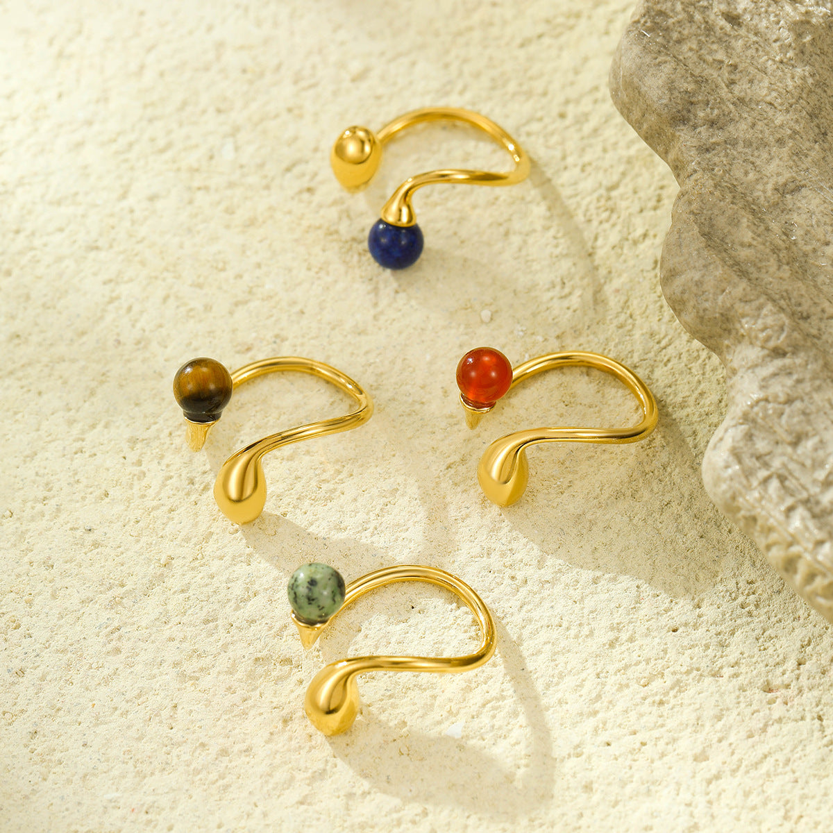 Gold Geometric Stone Ring – Irregular Stainless Steel Open Ring for Women