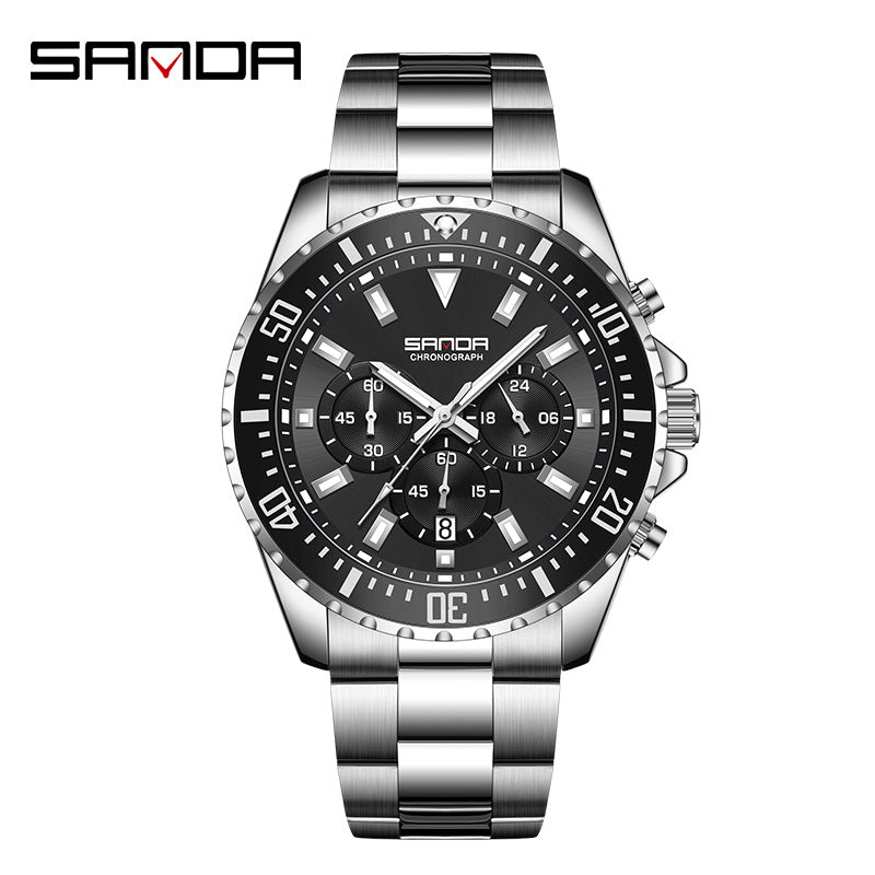SANDA Men’s Classic Dial Quartz Watch – Luminous Waterproof Stainless Steel Wristwatch