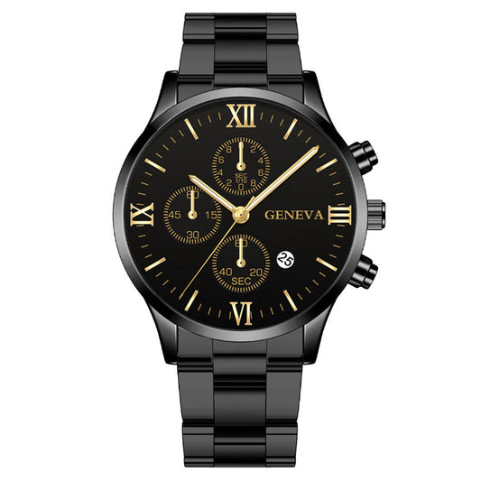 Men's Roman Dial Steel Strap Watch with Calendar – Fashion Three-Eye Design