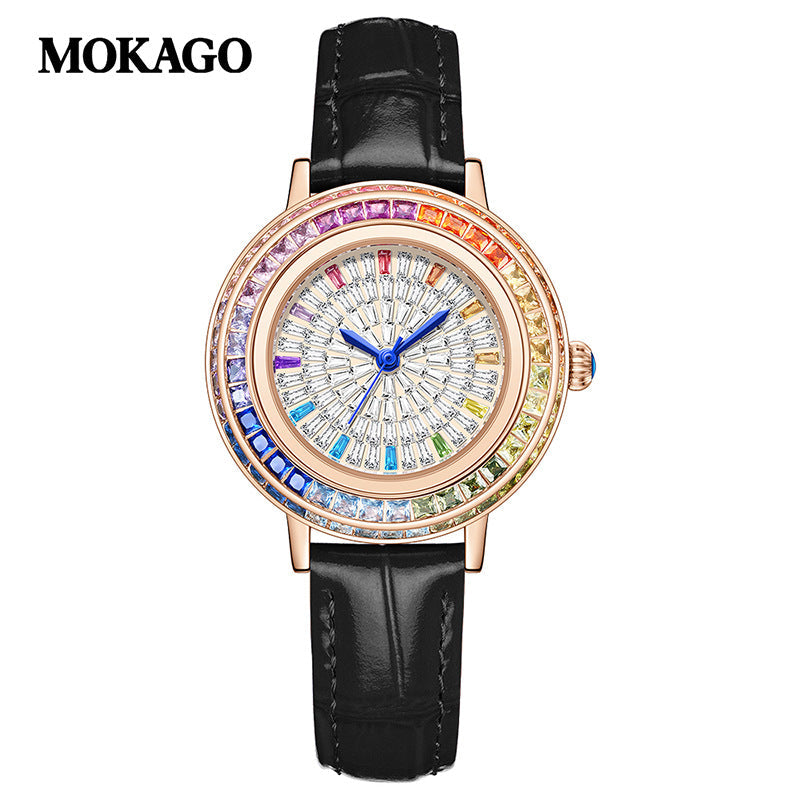 MOKAGO Women’s Quartz Watch with Crystal & Diamond Inlay – Fashion Leather Strap