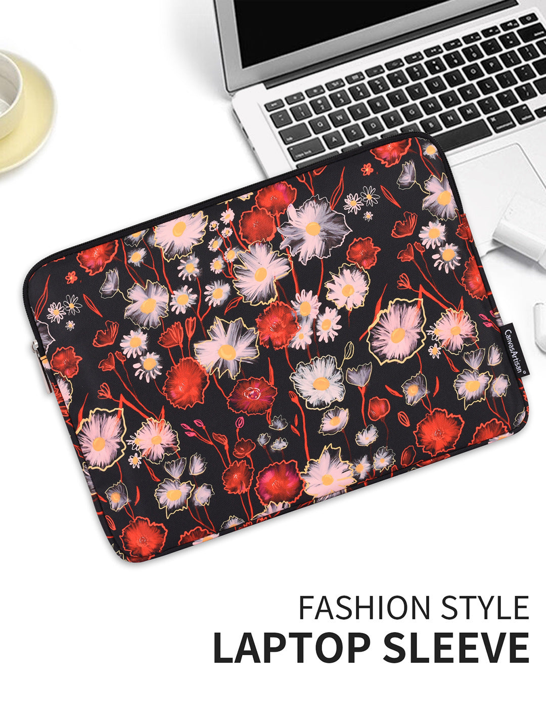 Black Waterproof Floral Laptop Sleeve – 11 to 15 Inch Polyester Tablet Case, Zippered Pouch