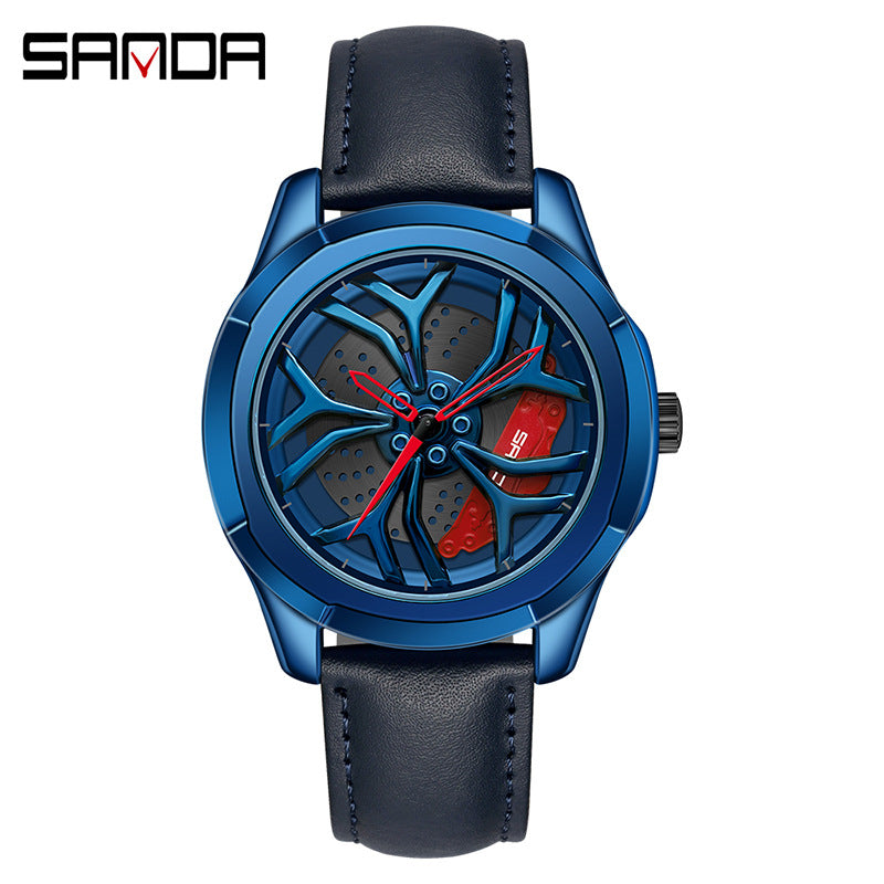 Sanda Men's Quartz Watch – Hollow Wheel Design, Leather Strap, Waterproof Timepiece