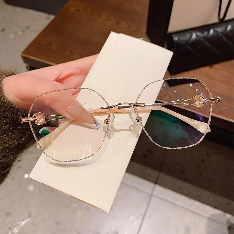 Champagne Gold Polygonal Anti-Blue Light Reading Glasses – Stylish Frameless Myopia Eyewear