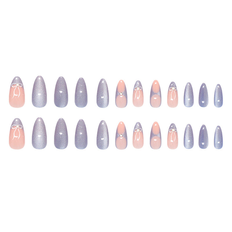 Milk Blue French Press-On Nails – Cat’s Eye Almond Nails with Bow Accents
