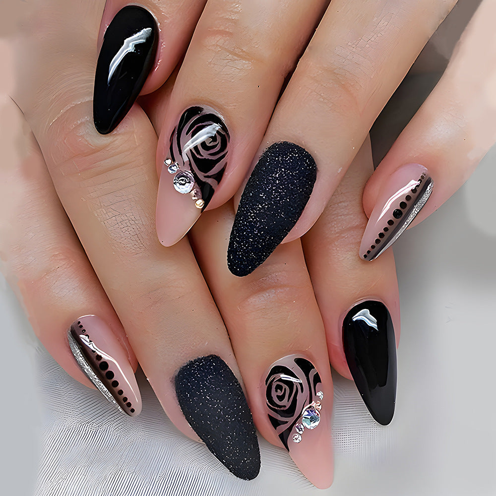 Black Rose Glitter Press-On Nails – Medium Almond Acrylic with Gem Accents